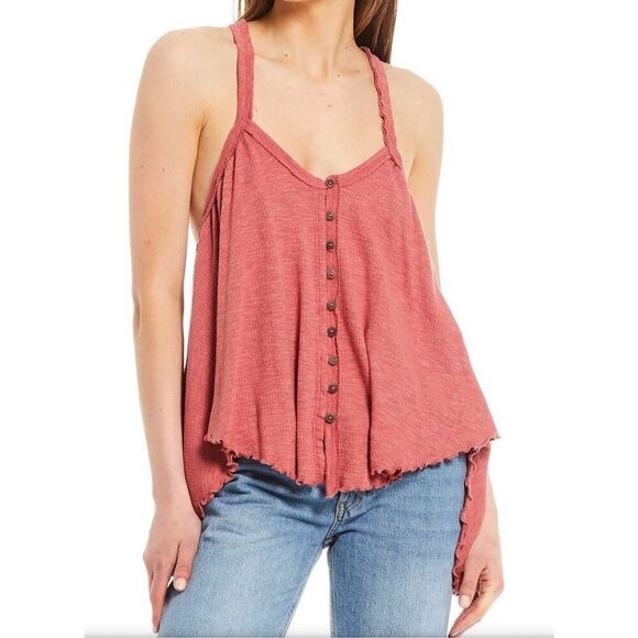 Free People Pink Rose Button Front Dream Weaver BOHO TANK TOP sz M - Picture 1 of 8
